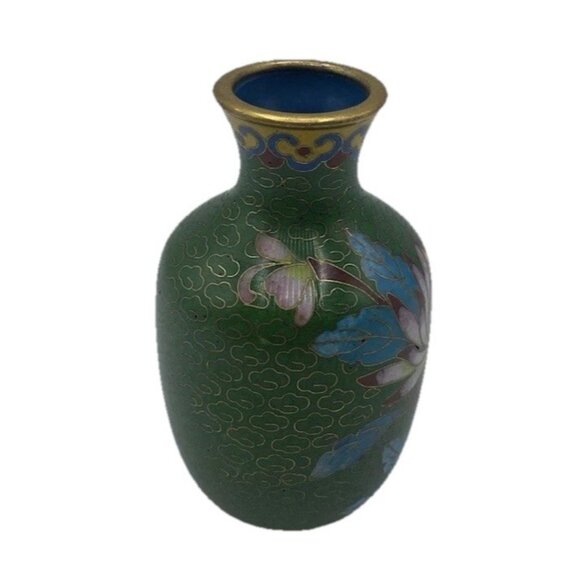 Vintage Cloisonné Bud Vase 3" Green Enamel Brass Floral Design Miniature Retro - Picture 3 of 9